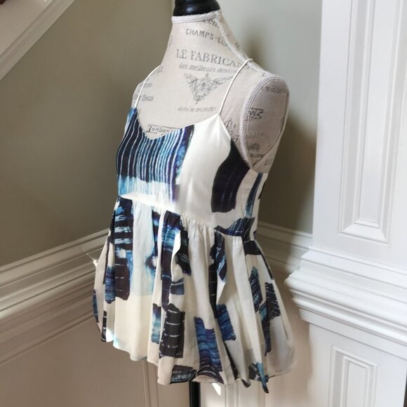 Tibi Peplum Racerback Blouse Top Shirt Womens 4 Cream Blue Sleeveless V-Neck - Picture 6 of 11